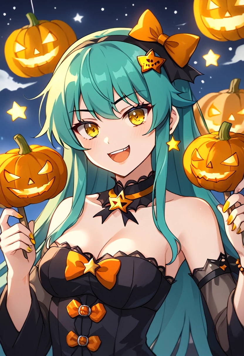 Girl with long dark turquoise hair, yellow eyes, yellow star pin in her head japanese kimino halloween