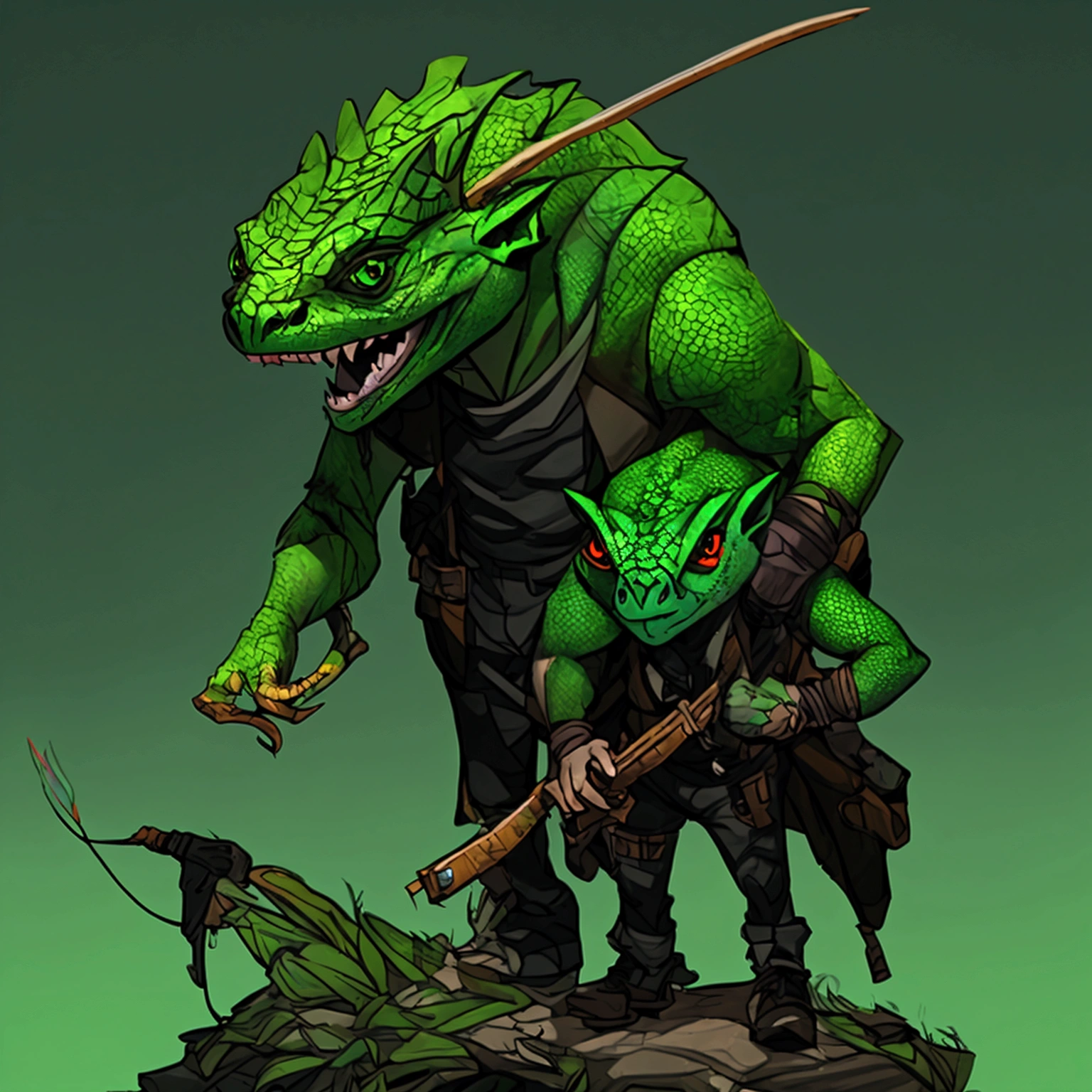 RPG character: short dark green cameleon (lizard), wearing black clothes, with small crossbow in right wrist