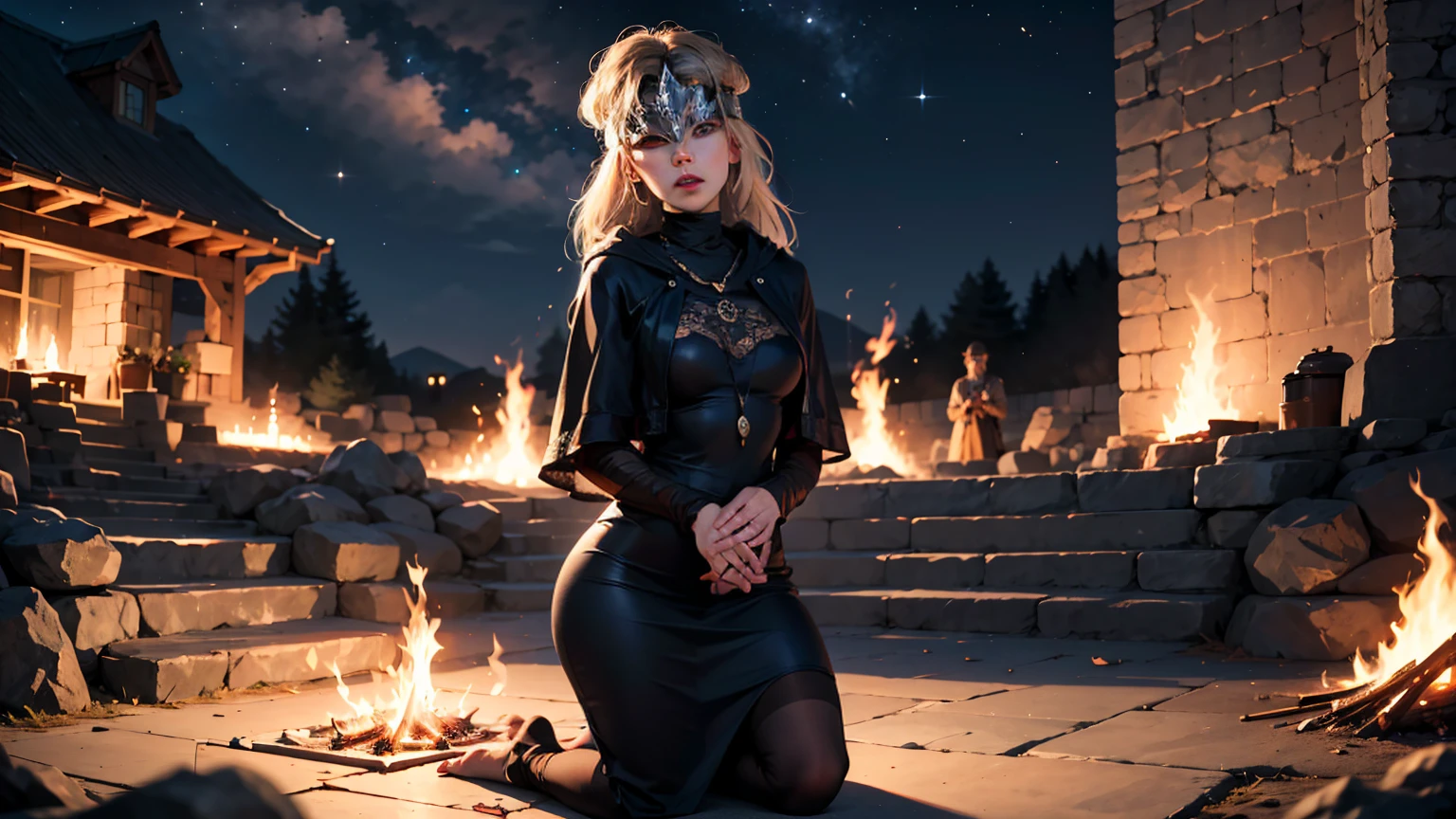 masterpiece, detailed, high quality, absurdres, blindfirekeeper, 1girl, solo, blush, medium breasts, curvy, black dress, see-through, black capelet, bandaged arm, (praying:1.3), own hands together, church, lamp, night, starry sky, (bonfire), kneeling, cowboy shot,