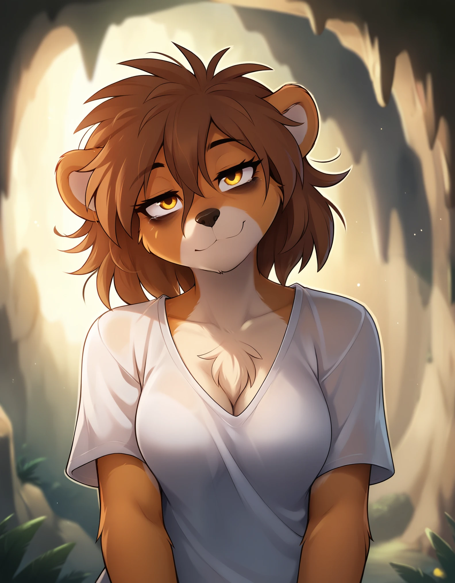 score_9, score_8_up, score_7_up, source_furry, twokinds, tkstyle, tomfischbach, 1girl, furry, solo, bear, brown fur, brown hair, medium hair, (messy hair:1.2), sleepy, tired, dazed, half-closed eyes, amber eyes,( loose shirt:1.2), cave, depth of field, rubbing eyes, chest tuft, medium breasts, light smile, bags under eyes, head tilt, fluffy