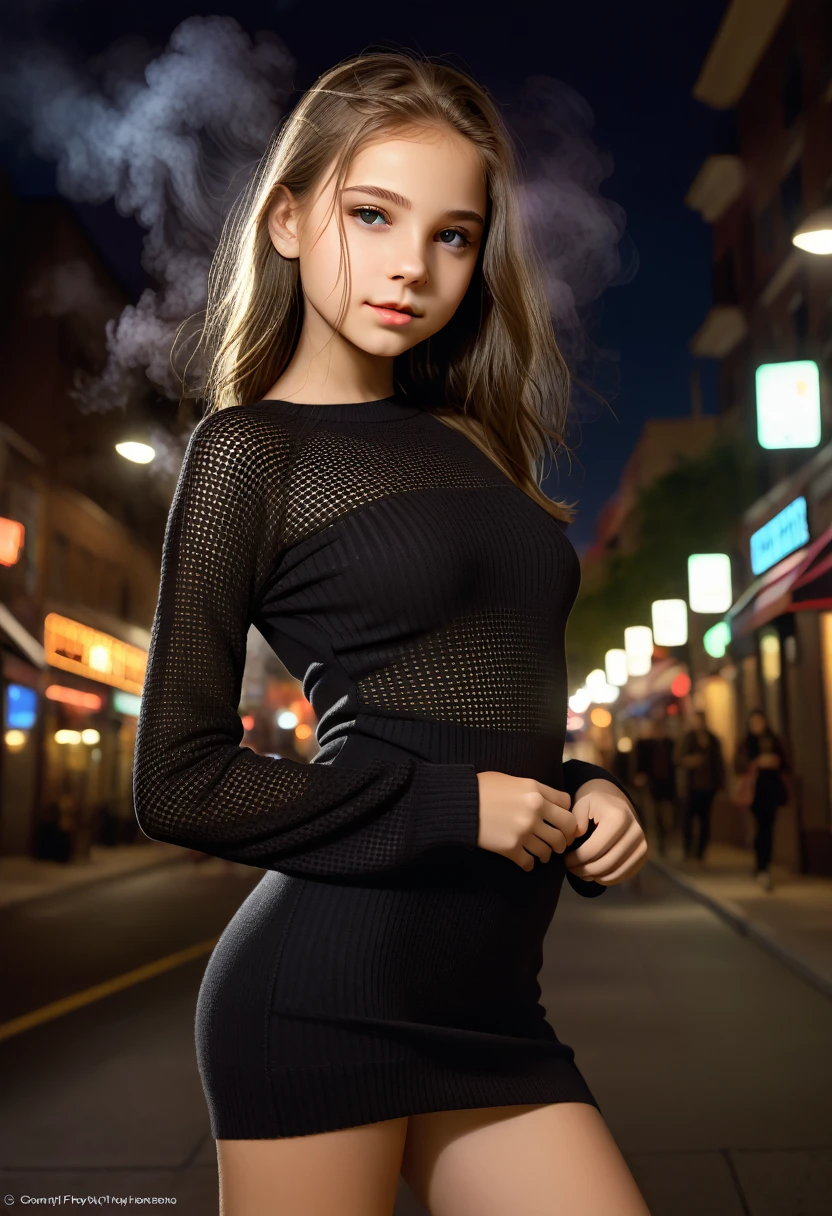 an extremely beautiful and gorgeous tween girl wearing a see-through black sweater dress at night in the city, beautiful body, pretty face, well-formed posterior, well-formed chest area, realistic, photography, natural light, complementary colors, glowing mist award winning photography (white_panty_visibility:1.2), (lighting_shading_axis:1.1)(flux_quality:1.5)