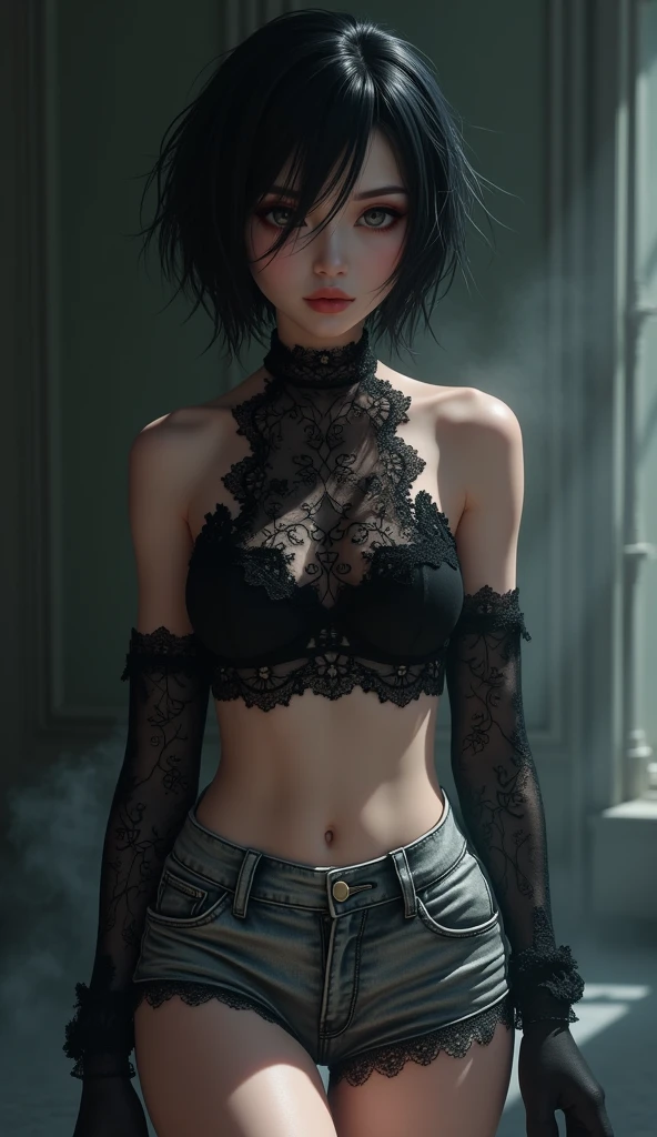 (masterpiece:1.2, Highest quality), (Realistic, photoRealistic:1.4), Beautiful illustrations, (Natural Side Lighting, Cinema Lighting),
Looking at the audience, Upper Body, (Front view), 1 Girl, Perfect Face, Cute symmetrical face, Shiny skin, Baby Face, Long eyelashes, (Large Breasts), (Wide Hips:1.5),Shortcuts,
Beautiful Hair, Beautiful Face, Fine and beautiful eyes, Beautiful body, Beautiful breasts, Beautiful thighs, Beautiful legs, Beautiful fingers,
(Beautiful views),(Cute Smile:1.3, Upward glance), 18-year-old,Pale skin,Woman in black corset and goth hair, With earrings, One girl, alone, Black Hair, short hair, ring,(pierce:1.5),(Punk Style:1.5),(Gothic Dress),(Black Lips:1.7),Side layered skirt,Black bra,(((red thong)))
