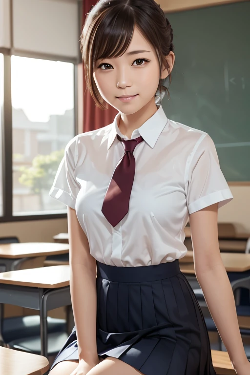 (Tabletop, Best Quality:1.2), 8k, , 85mm, Official Art, RAW Photos, Absurd, White dress shirt, Cute face, close, Upper body viola lace, Gardenia, beautiful girl, uniform, (Navy Pleated Skirt:1.1), Cinch West, Thighs, Short sleeve, classroom, ponytail、Short Hair、Short Hair、sit on bench seat, Looking at the audience, No makeup, (smile:0.4), Film Grain, chromatic aberration, Sharp focus, Face Light, Bright lighting, Teen, Detailed face, Background blur, (Dark red tie:1.1)、日本の学校のclassroom、classroom