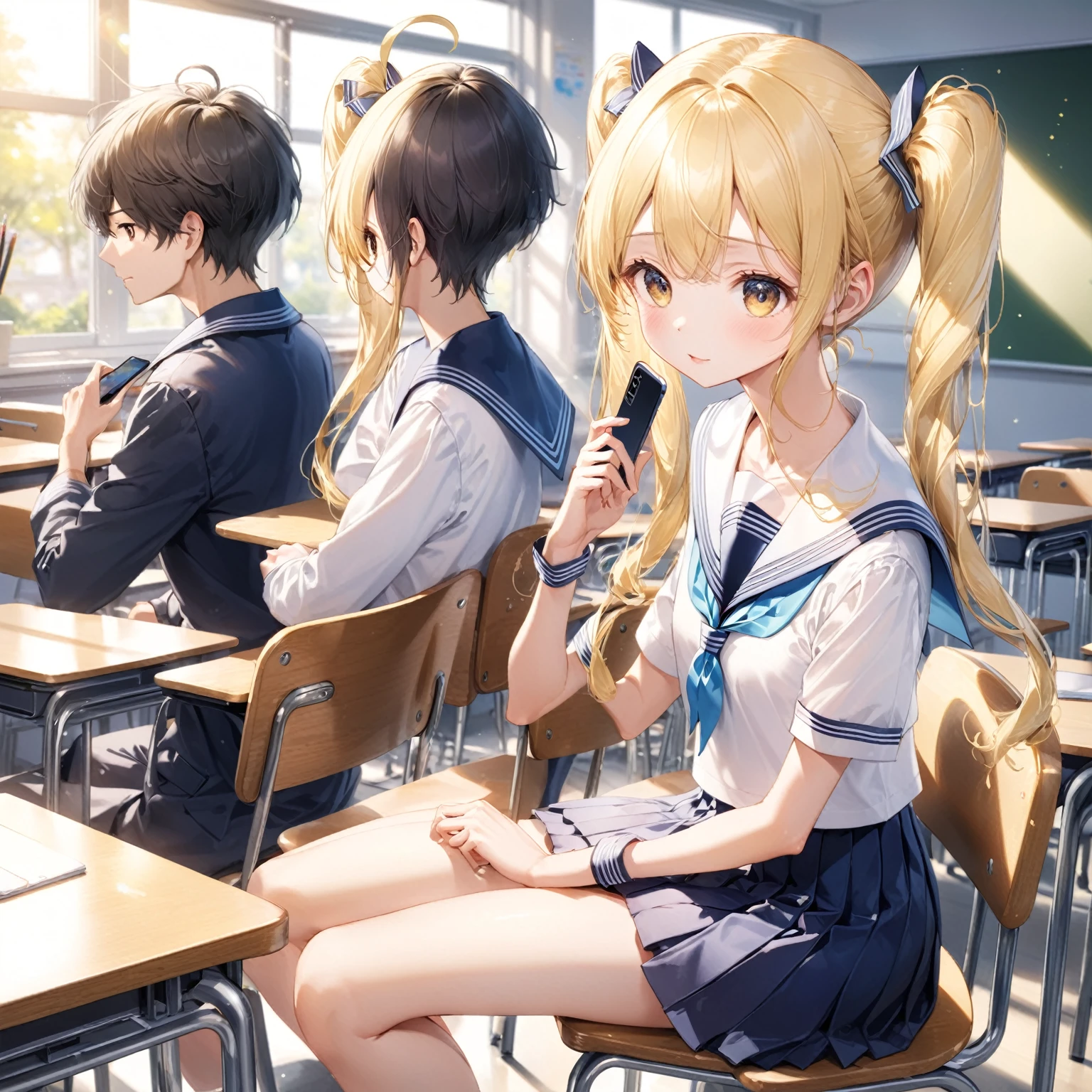 ((masutepiece, hight resolution,depth of fields, 4K,nffsw,))),Sawamura Spencer Eri々,a blond,Twin-tailed,length hair,Beautiful blue eyes, Girl farting from ass,You are smelling bad smells,Yellow smoke,Classroom during class,Girl sitting on a chair and taking class,Girl fart,Lori