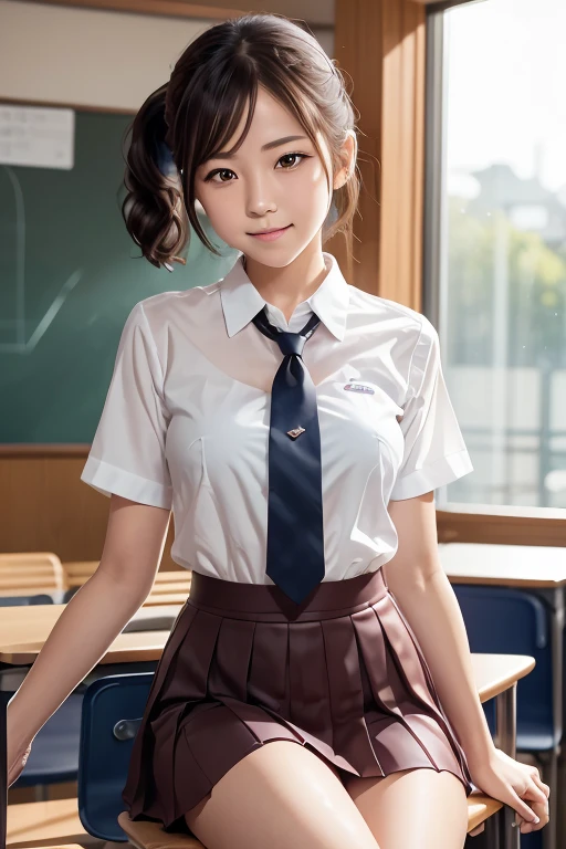 (Tabletop, Best Quality:1.2), 8k, , 85mm, Official Art, RAW Photos, Absurd, White dress shirt, Cute face, close, Upper body viola lace, Gardenia, beautiful girl, uniform, (Navy Pleated Skirt:1.1), Cinch West, Thighs, Short sleeve, classroom, ponytail、Short Hair、Short Hair、sit on bench seat, Looking at the audience, No makeup, (smile:0.4), Film Grain, chromatic aberration, Sharp focus, Face Light, Bright lighting, Teen, Detailed face, Background blur, (Dark red tie:1.1)、日本の学校のclassroom、classroom