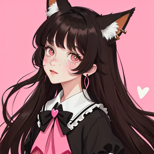 shot in the middle, Cel-shading style, Centered image, ultra detailed illustration,fox girl, black hair with pink highlights, with fox ears, a small heart design on the left cheek, with freckles on the cheeks, bicolor eyes with brown on the outside and black on the inside, wearing a ta style outfit, vibrant colors, landscape background, Accessories for moon earrings, long curly hair, 32k resolution, best quality. 