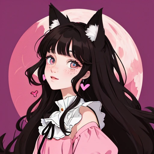 shot in the middle, Cel-shading style, Centered image, ultra detailed illustration,fox girl, black hair with pink highlights, with fox ears, a small heart design on the left cheek, with freckles on the cheeks, bicolor eyes with brown on the outside and black on the inside, wearing a ****ta style outfit, vibrant colors, landscape background, Accessories for moon earrings, long curly hair, 32k resolution, best quality. 