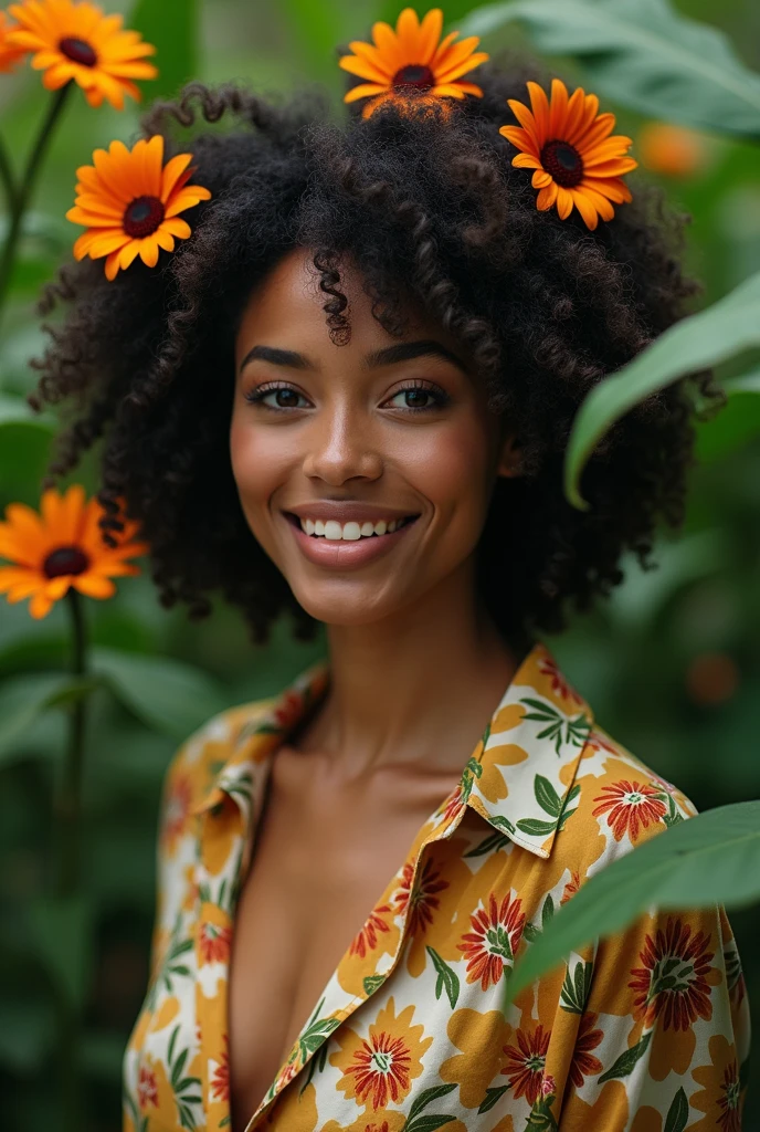 A Brazilian woman in a lush tropical garden, wearing an open shirt with a floral print, with a close-up capturing the harmonious beauty between her breasts and the natural flowers, showing off your natural charm and outgoing personality.