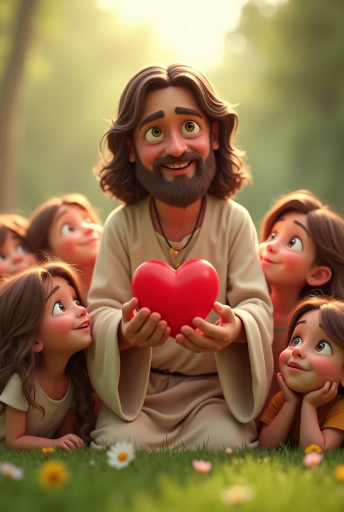 Illustrate Jesus Christ with a heart in his hands cartoon, with kids lying on the grass with their hands on their chins surprised and happy 3d cute, cute 3d rendering, Lovely Digital Painting, animated film, cute characters, cute cartoon characters, animated film, cute detailed digital art, animation style rendering, small characters. unreal engine 5, Animation character, Stylized 3D rendering, animated film frame 