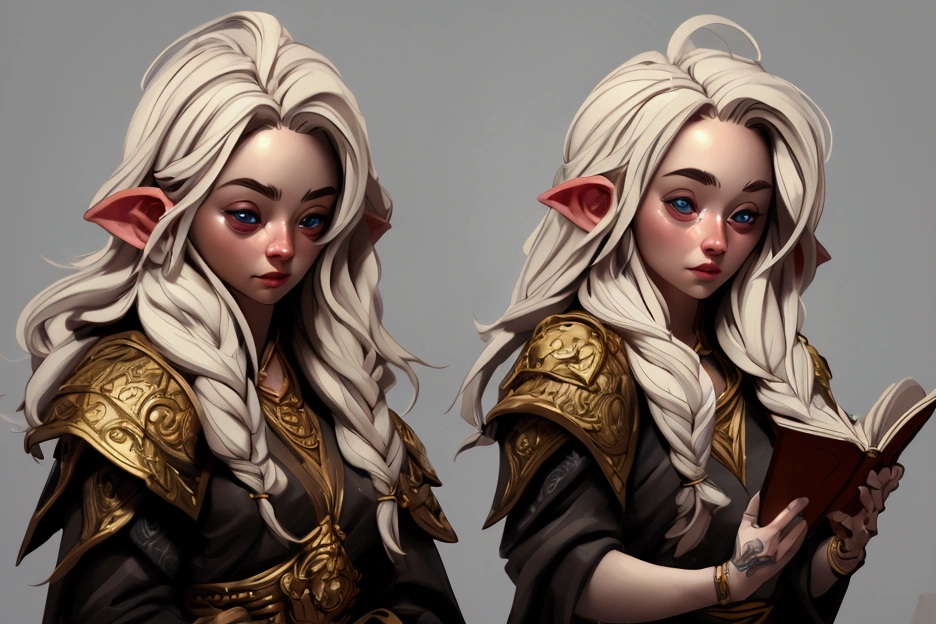 intricate portrait of a female dwarf  with long white hair and pointed ears, holding a spell book, wearing ornate religious robes, highly detailed, fantasy art, digital painting, cinematic lighting, dramatic colors, photorealistic, 8k, (best quality,4k,8k,highres,masterpiece:1.2),ultra-detailed,(realistic,photorealistic,photo-realistic:1.37),vibrant colors,chiaroscuro lighting,dramatic shadows,striking composition,awe-inspiring