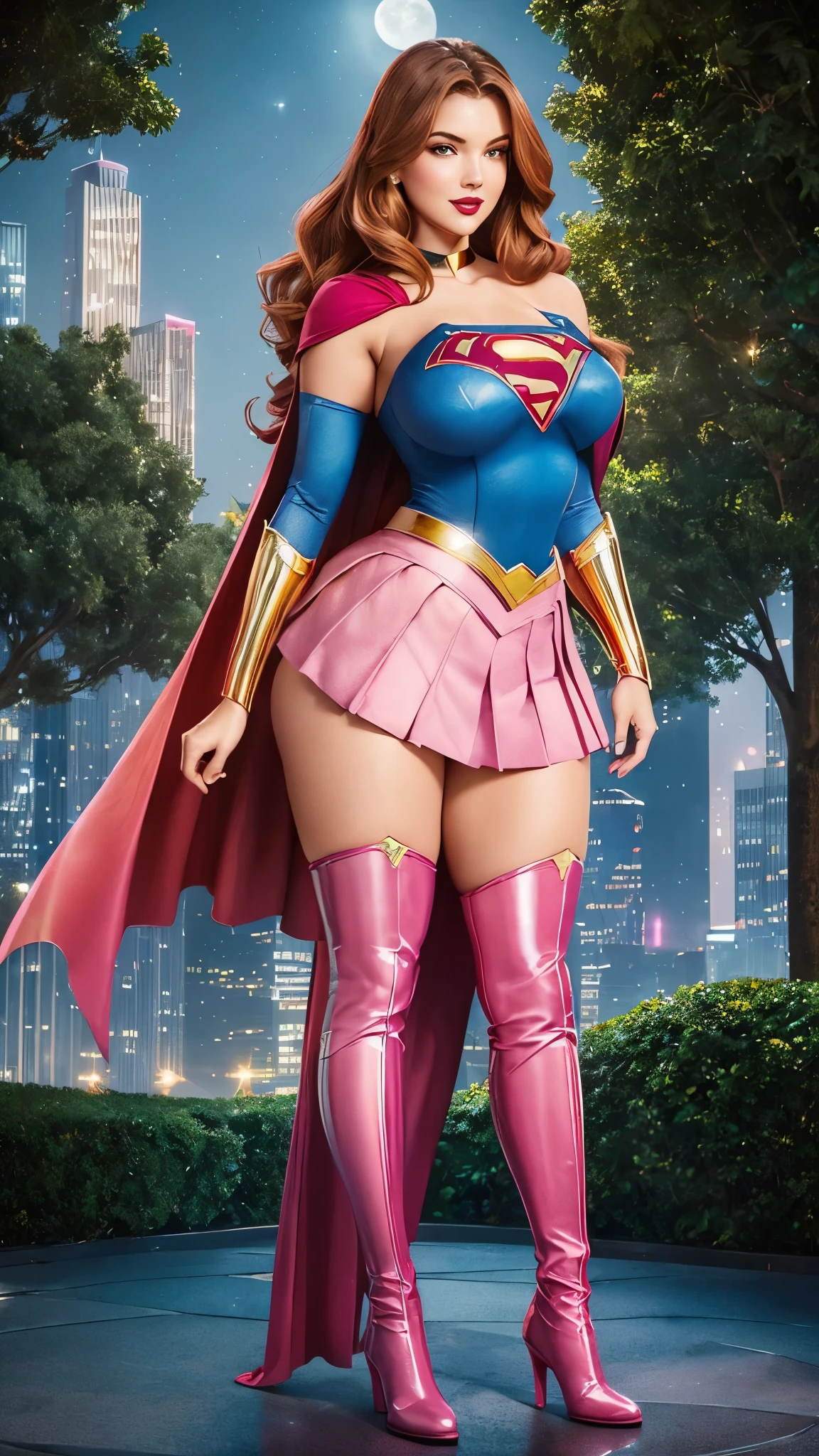 wondergirl, DisneyAurora, (((Taylor Swift:Selena Gomez:0.7))) full body view Beautiful woman (((shoulder length wavy reddish blonde hair, hair pulled back))) defined body, (MILF, BBW, voluptuous, very full figure, curvy, chubby, very soft, very thick, big breasts, sexy, sexy pose, fat thighs, thick waist, soft belly, hourglass, plump) Red lipstick, hands free, mouth slightly open, smiling, standing facing camera, voluptuous physique that accentuates her hourglass illustration. Emphasizes plump breasts and bulges, ((( tight blue shining top of SUPERGIRL, gold belt, pink pleated skirt, pink boots, flowing pink cape ))), (((moonlit city plaza surrounded by trees and skyscrapers at night)))