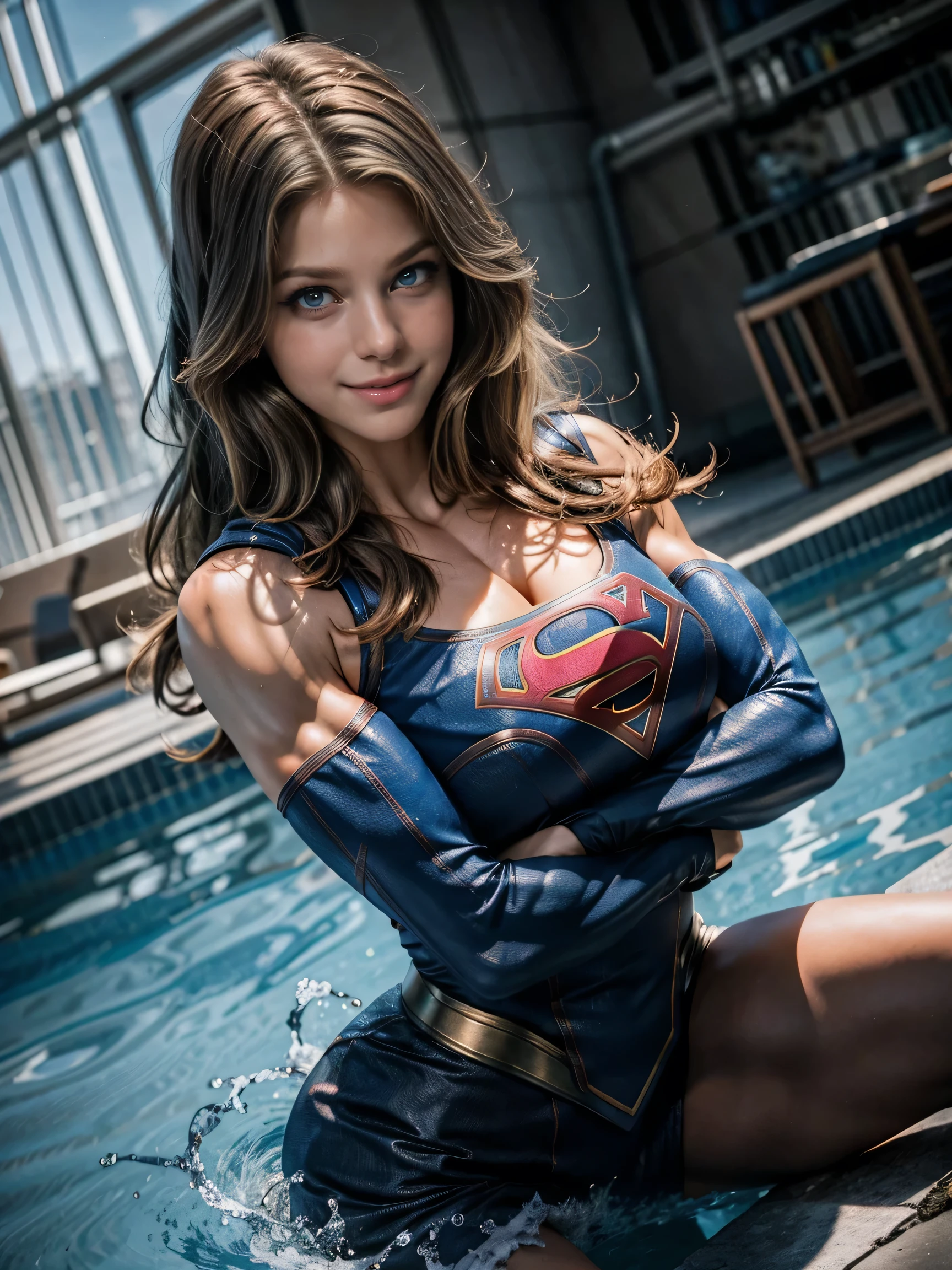 RAW, Best quality, high resolution, realistic, masterpiece: 1.3), emma watson as Supergirl, black hair, perfect nose,perfect lips, perfect eyes, smiling, detail :1.2), supergirl in short red skirt, in bright blue skinsuit, full body image detail, watery eyes, RAW, Best quality, high resolution, masterpiece, soft smile, spread legs wide open showing white lace panties, hands squeezing breast, red skirt, show cameltoe, medium thick thigh, medium breast, provocative pose, full body picture, fountains of Bellagio in the far background, night photography