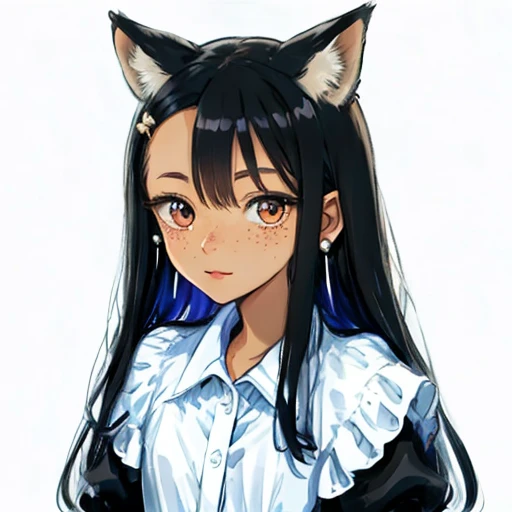 shot in the middle, Cel-shading style, Centered image, ultra detailed illustration,fox girl, black hair with pink highlights, with fox ears, a small heart design on her left cheek, with freckles on the cheeks, Two-tone eyes with brown on the outer part and black on the inner part, wearing a ****ta style outfit, vibrant colors, landscape background, Accessories for moon earrings, long curly hair, 32k resolution, best quality. 