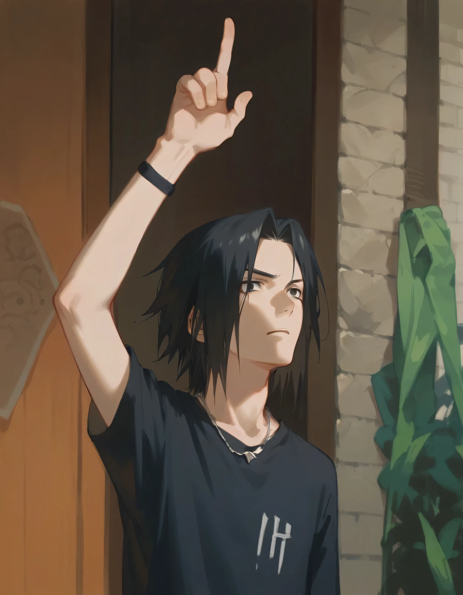 1 man, Sasuke, black hair, black t-shirt, necklace, armband, raising one hand