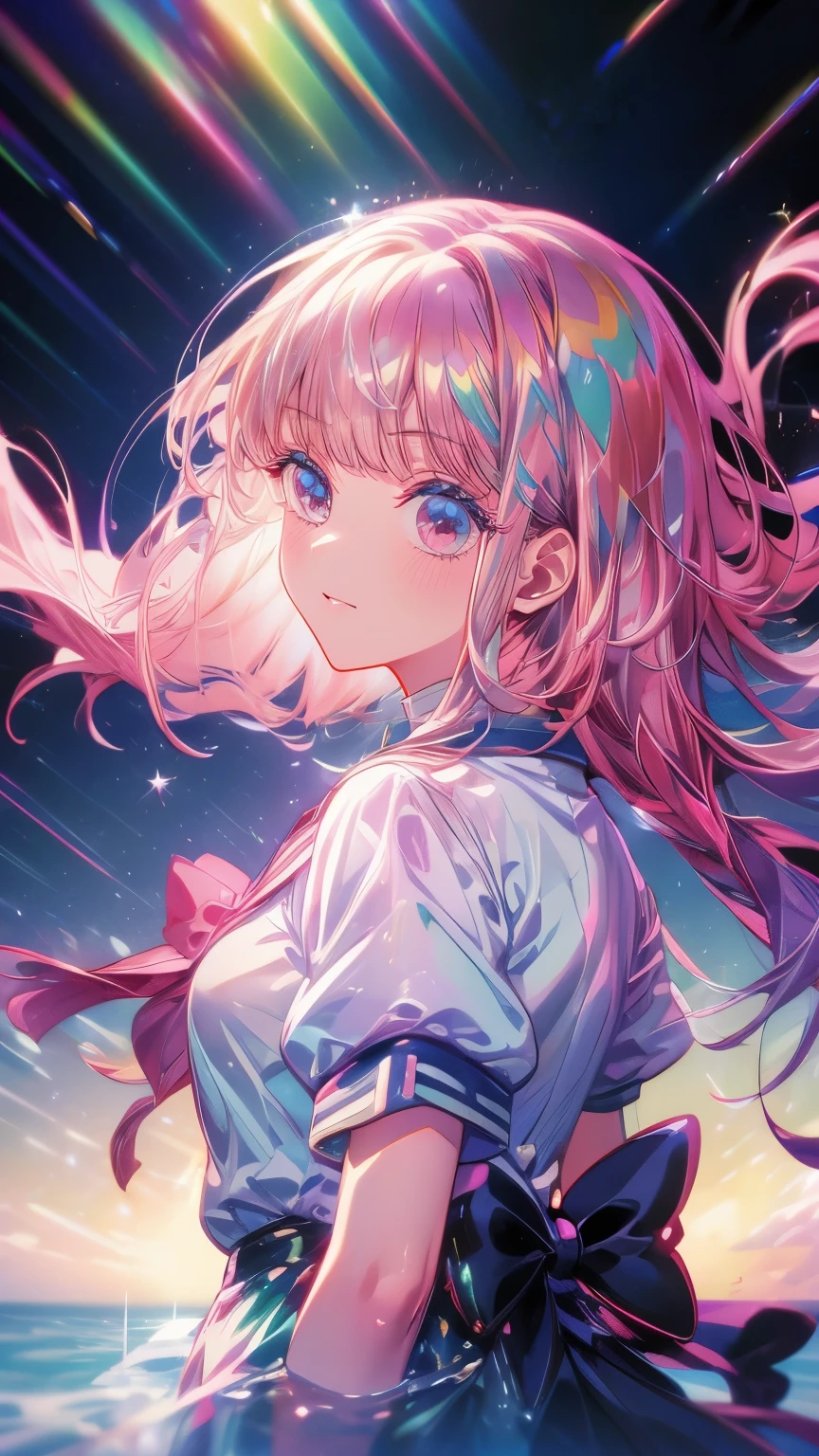 (Masterpiece, Top Quality, Best Quality, Watercolor (Middle), Official Art, Beauty and Aesthetics: 1.2), Upper Body, Looking from the Side, Looking at the Viewer, Pattern, (Rainbow Hair, Pink Gradient Hair: 1.2), Water, Liquid, Clouds, Colorful, Starry, Stars, Full Body, Stockings, Star Diamond Milky Way, Floral Lolita Shoes, Bow Clips;