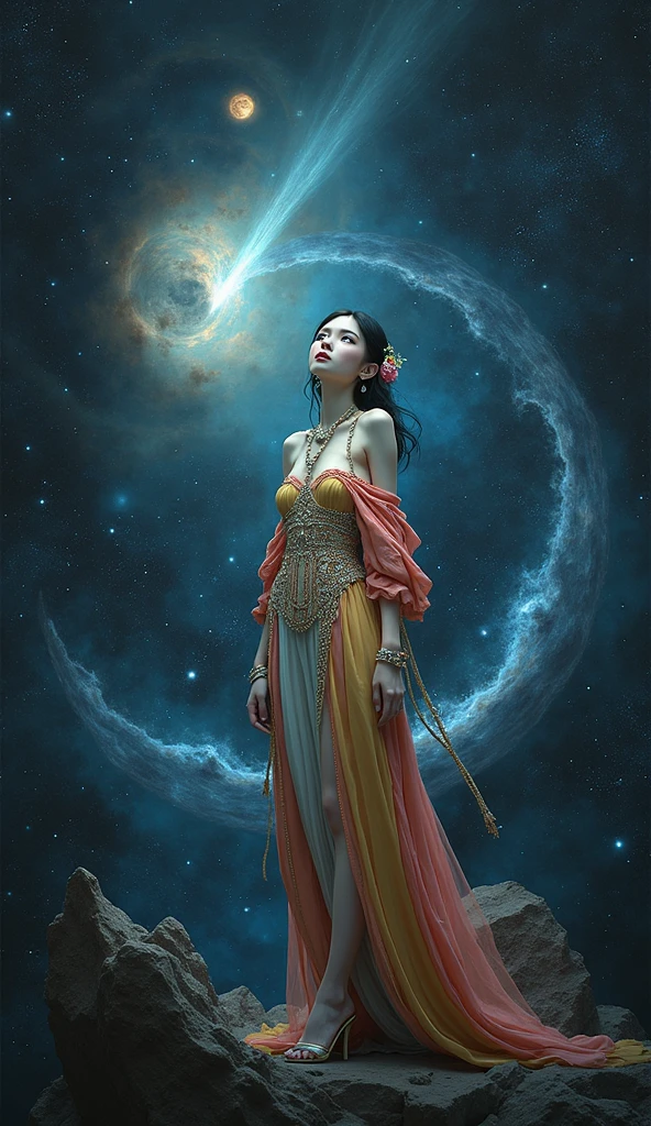 (best quality,4k,highres), the most beautiful girl with mesmerizing eyes,gorgeous galaxy viewing,sparkling stars,soft cosmic colors,ethereal atmosphere,peaceful serenity,celestial wonders,wonderful universe,stellar beauty,romantic stardust,celestial portrait,cosmic perspective,astounding cosmic art,galactic elegance,transcendent charm,celestial goddess,cosmic enchantment,cosmic girl admiring the magnificent galaxy,cosmic dreamworld,galactic reverie,cosmic masterpiece:1.2, moist skin,