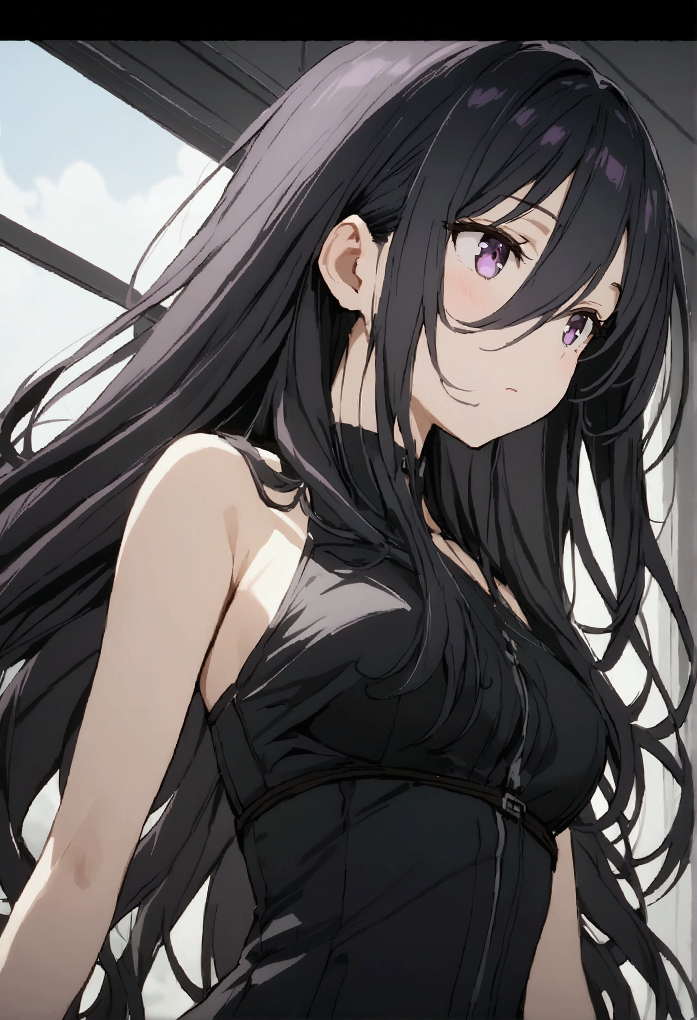 Best Quality　Masterpiece　Black Hair 　Long Hair　Shyness Rosider　Kimishima Ayano medium breasts purple eyes