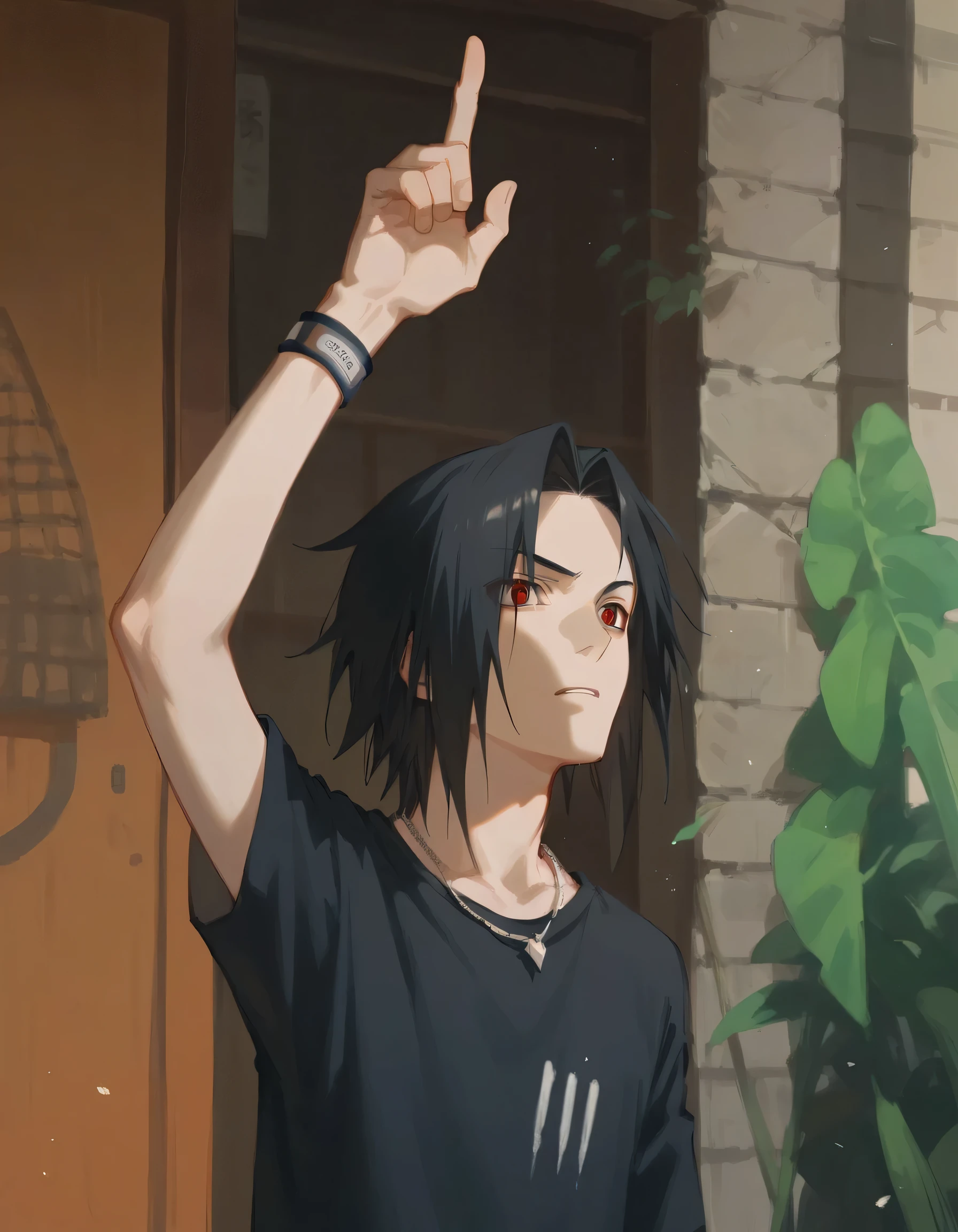 1 man, Sasuke, black hair, black t-shirt, necklace, armband, raising one hand, red eyes