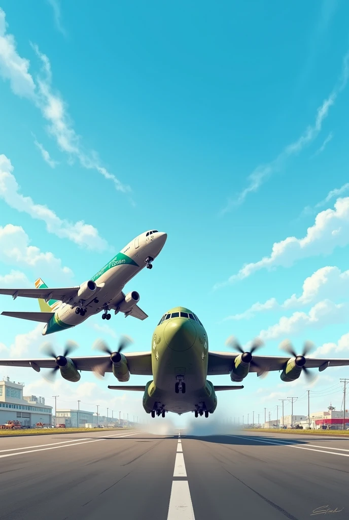 Avianca aircraft ascending on the runway at the same time as a Hercules aircraft landing in the opposite direction