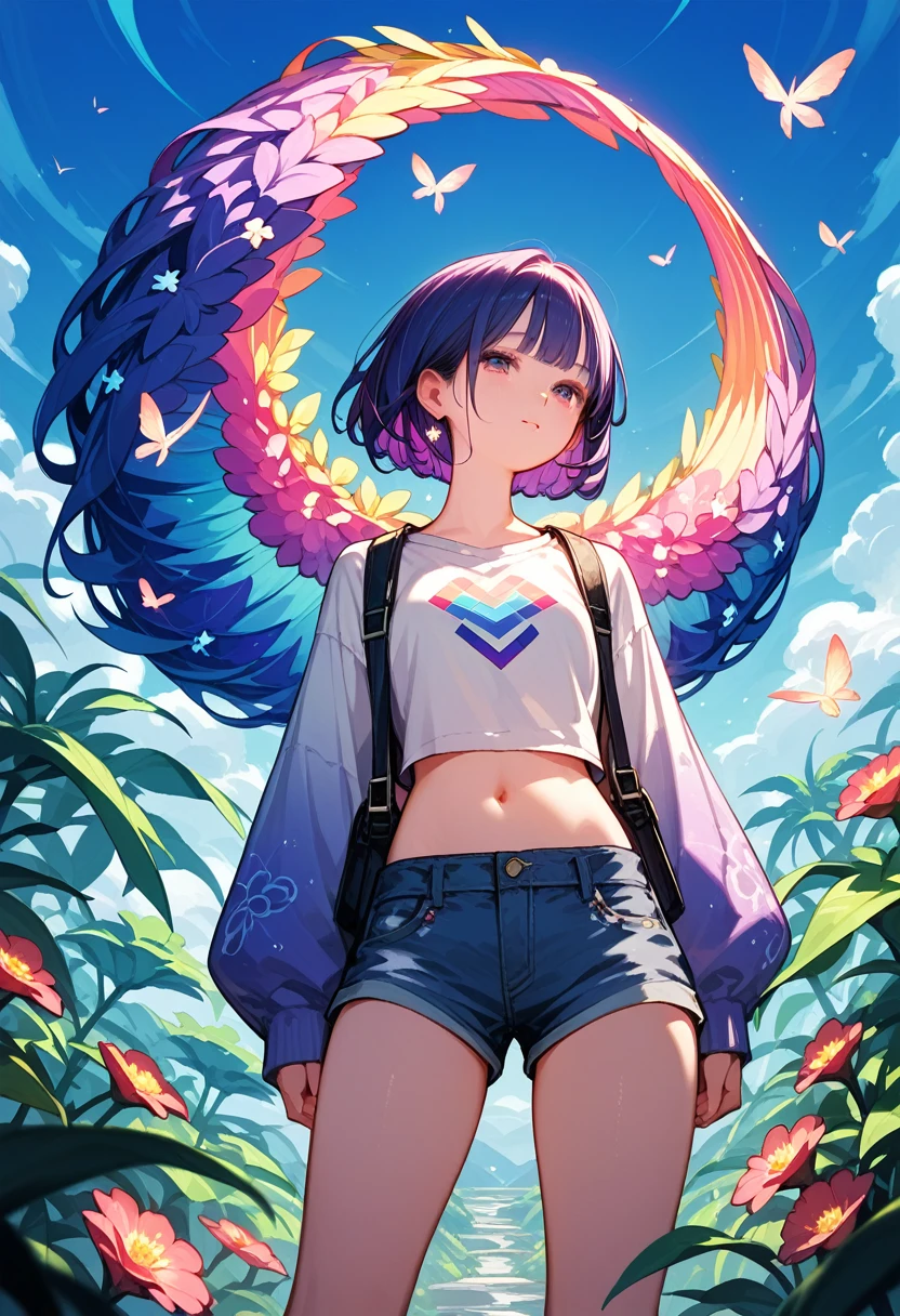 The vast sky, beautiful skyline, large grasslands, extremely tense and dramatic pictures, moving visual effects, the high-hanging Polaris, and colorful natural light. A long-sleeved top, denim shorts, and a girl with a backpack.
