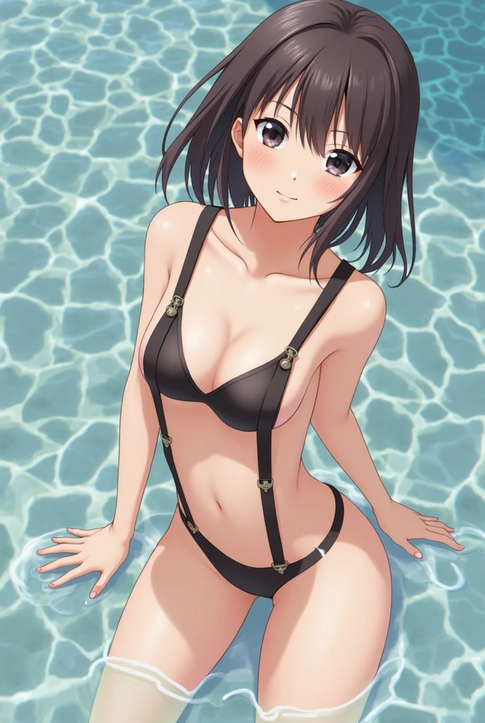 camel toe:1.4、(Sweat)、(vapor)、(((long gloves:1.3)))、brown loafers、black calf length socks、Open your thighs wide to the left and right、Squat on the ground、show off your crotch to the viewer, ((latex old school swimwear:1.3、squat, spread your legs:1.3, arm behind head ))、air groove \(umamusume\)、absurd、flat lighting、elevation angle、sexy pose、highest quality、Complex、surreal、perspective, very detailed, detailed background, shape、1 girl、alone、small breasts、light smile, embarrassing, blush, ((Poolside)),