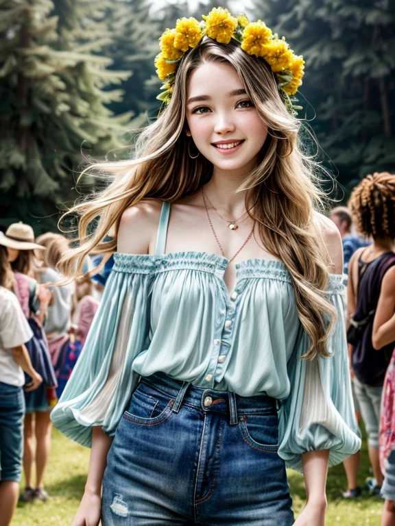 top-quality、masterpiece、超A high resolution、Photorealsitic、1girll、short bomb bangs、(Dance performer、Dancers)、(Character Parade)、(((Multicolored costumes)))、Amusement Park Background、a necklace、The best smile with white teeth、Looks fun、(colorful outfit)、Tank Tops、White Micro Mini Skirt、Detailed skin、brown haired