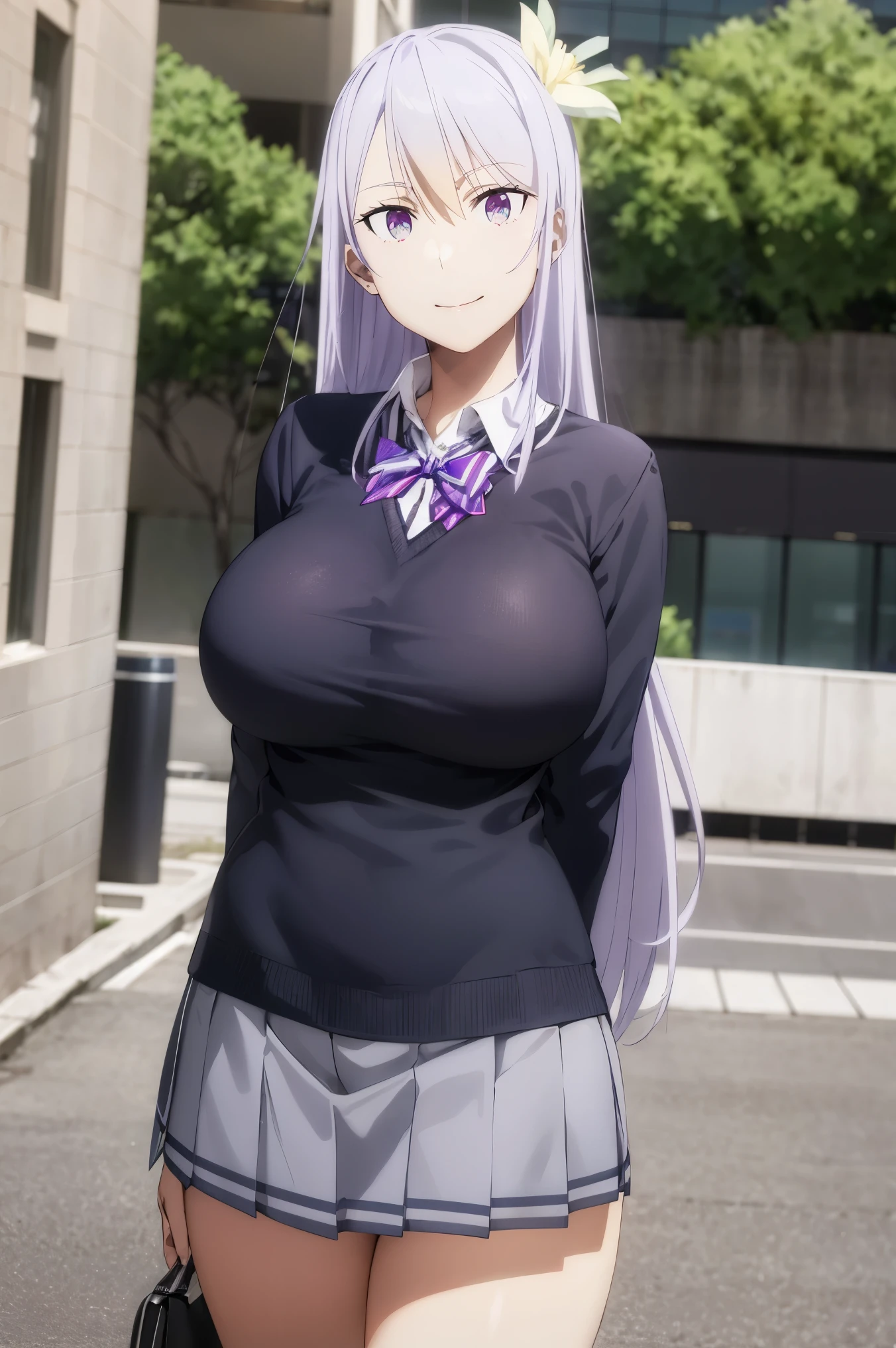 masterpiece, (huge tits), (((school uniform))), nectie, skirt, (best quality), (solo), 1girl, reona, silver hair, purple hair , long hair, purple eyes ,(photorealistic:1.1), 8k uhd, looking a viewer, outdoors, simple backround, smile, flower hairclip