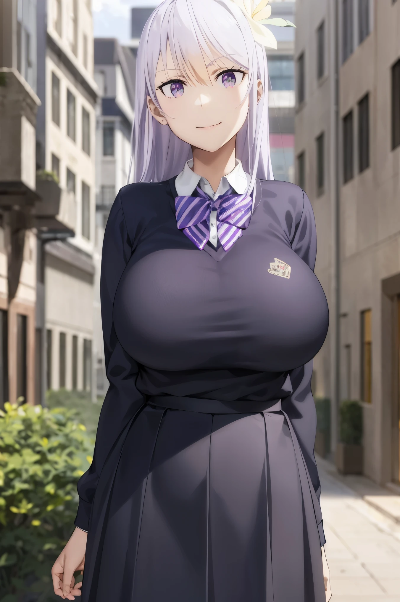 masterpiece, (huge tits), (((school uniform))), nectie, skirt, (best quality), (solo), 1girl, reona, silver hair, purple hair , long hair, purple eyes ,(photorealistic:1.1), 8k uhd, looking a viewer, outdoors, simple backround, smile, flower hairclip