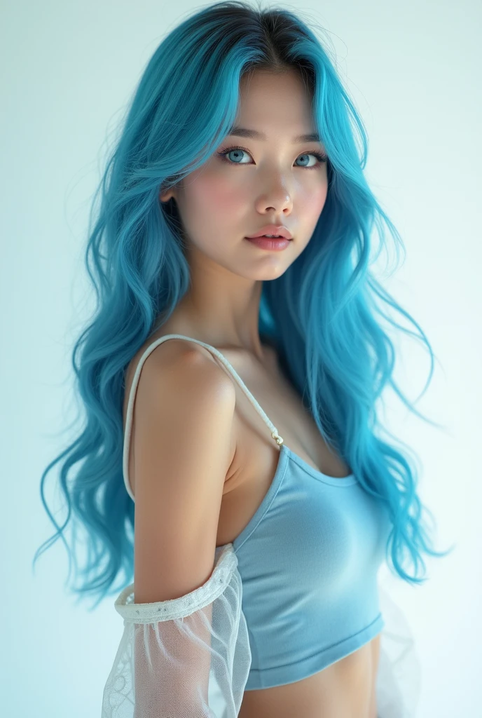 1 6 year old girl，，kiddy big breasts，Back to camera，look back，happy grin，Cute  skin color，blue eyes，blue hair，curls、semi long hair，flat chest，small breasts，Cute pink lips，Wear an off-the-shoulder white shirt，Realistic illustration of her face，Finger realistic，Fascinating sketches，Smooth and shiny，Hazy，super blanket style，School background--ar 1:1--Niji 5--Stylistic expression--S 50，No makeup，Super cute without makeup