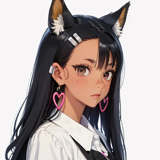 shot in the middle, Cel-shading style, Centered image, ultra detailed illustration,fox girl, black hair with pink highlights, with fox ears, a small heart design on the left cheek, with freckles on the cheeks, bicolor eyes with brown on the outside and black on the inside, wearing a ****ta style outfit, vibrant colors, landscape background, Accessories for moon earrings, long curly hair, 32k resolution, best quality. 