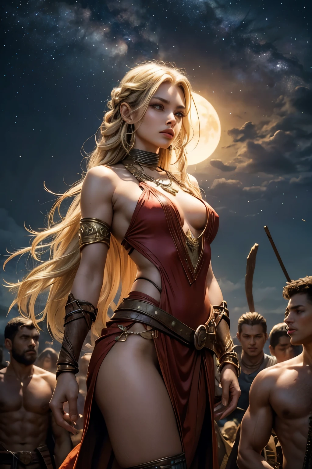 (top-quality、​masterpiece、very high res、An ultra-high picture quality、High quality pixels, Ancient Greece concept with detailed ruins)、(She is a fearless demon slayer standing in front of burning houses , straight path line photo , burning ruins in her background ,
(she was cover with the blood of demons she killed), the model was holding a legendary sword with a drip of blood on it,she has a detailed bra with a B cup breast, a miniskirt gold armor ,her detailed eyes has a fierce lookthat protects her on enemies attacks,
solo photo ,(model poses,modelshoot,Magazine shooting,Hair flutters under the influence of the wind,the color of her hair is blonde with a scattered blood on it),The wind is blowing、Beautiful Art Style, an animated character、(The whole picture、Detailed picture、accurate anatomy、Defect-free images、extremely detailed picture、Accurate images、Perfect Image 1.5)、(Best Shot Photo 1.2)

