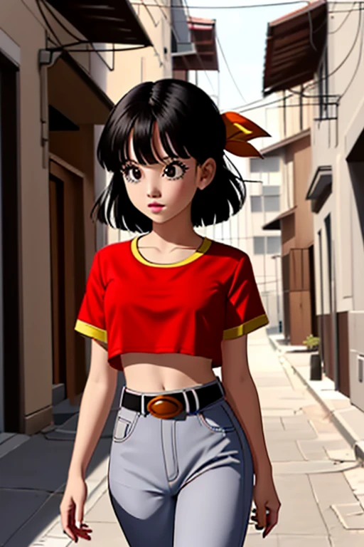 (outdoors, alley:1.3), (Style-DA:1), 
 pan,1girl,solo,black eyes,bangs,black hair,short hair,bandana, (red shirt:1.2),crop top,midriff,belt,gray pants, 