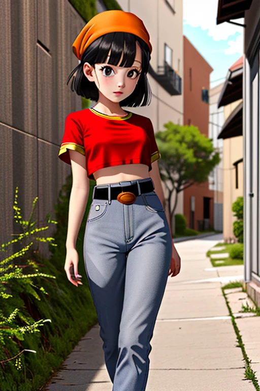 (outdoors, alley:1.3), (Style-DA:1), 
 pan,1girl,solo,black eyes,bangs,black hair,short hair,bandana, (red shirt:1.2),crop top,midriff,belt,gray pants, 