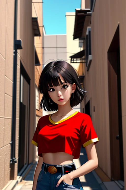 (outdoors, alley:1.3), (Style-DA:1), 
 pan,1girl,solo,black eyes,bangs,black hair,short hair,bandana, (red shirt:1.2),crop top,midriff,belt,gray pants, 