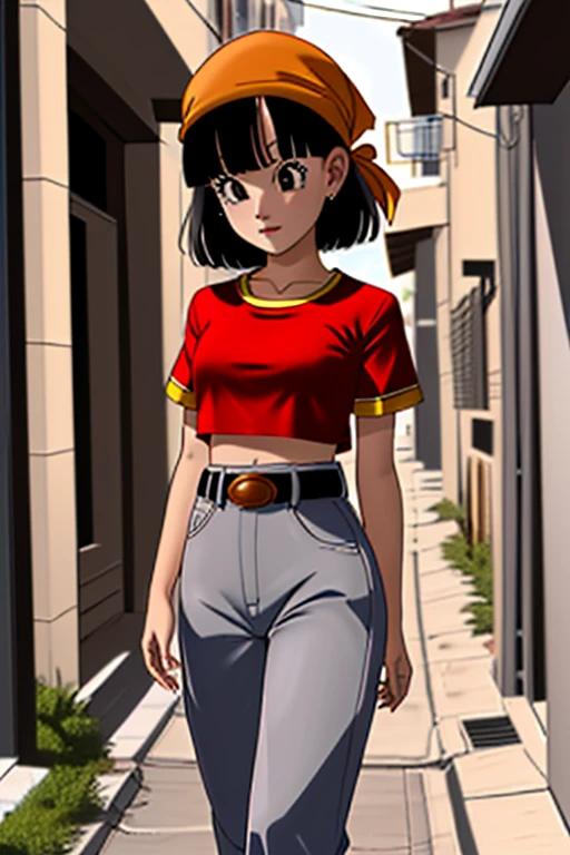 (outdoors, alley:1.3), (Style-DA:1), 
 pan,1girl,solo,black eyes,bangs,black hair,short hair,bandana, (red shirt:1.2),crop top,midriff,belt,gray pants, 