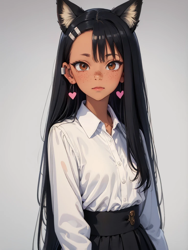 shot in the middle, Cel-shading style, Centered image, ultra detailed illustration,fox girl, black hair with pink highlights, with fox ears, a small heart design on the left cheek, with freckles on the cheeks, bicolor eyes with brown on the outside and black on the inside, wearing a lolita style outfit, vibrant colors, landscape background, Accessories for moon earrings, long curly hair, 32k resolution, best quality. 