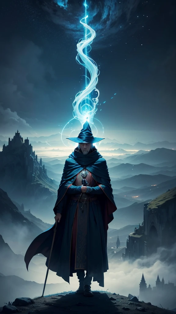 A wise old wizard standing on a hill, watching from afar as a city below descends into chaos. He's holding his staff, leaning lightly on it, with a calm, knowing expression, as if I had seen this many times before. Your cloak flows softly in the wind, and a magical light shines faintly around him. From a distance, there are people running around, small magical fires burning and chaos unfolding, but the wizard is completely unfazed