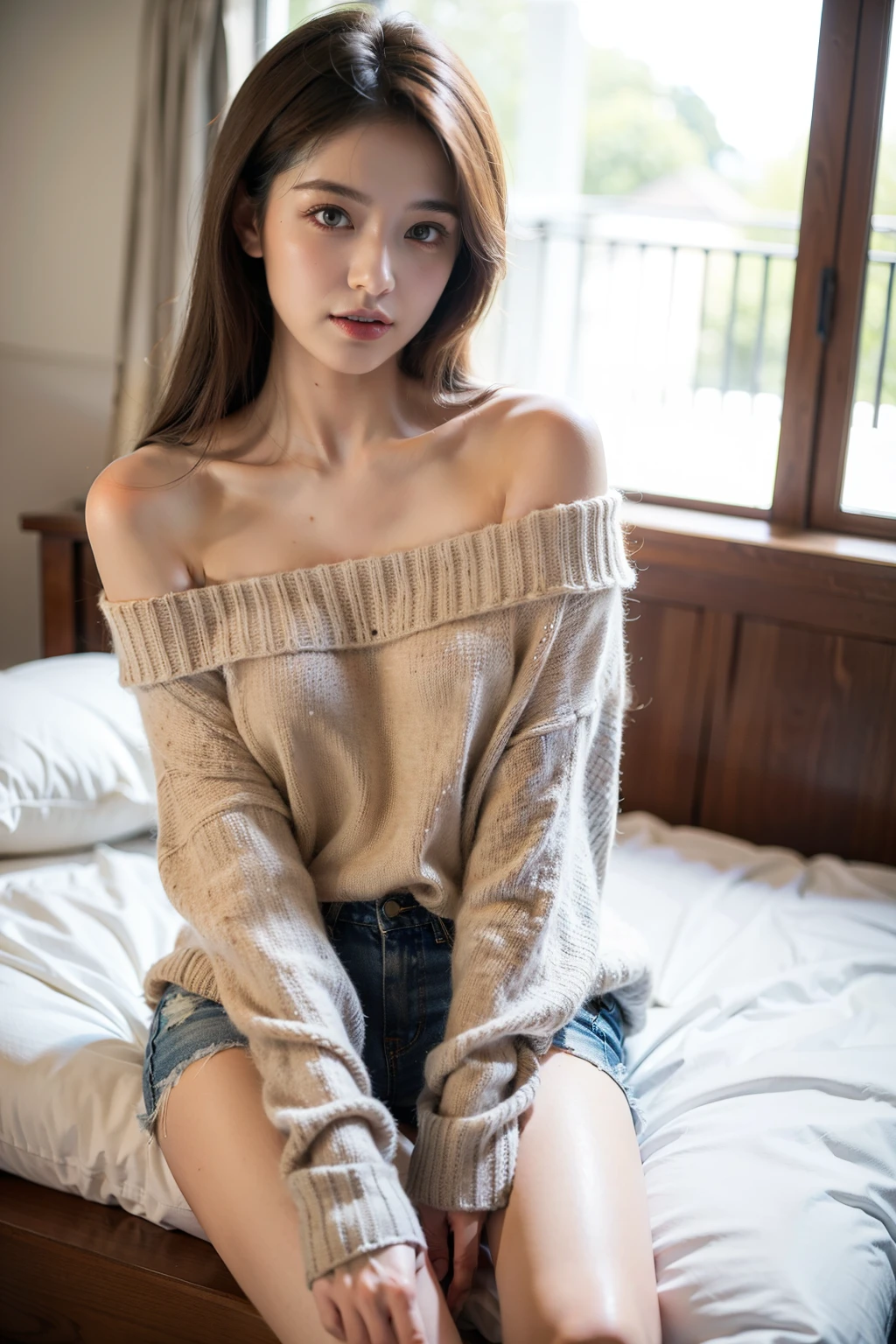 8k, raw photo, best quality, masterpiece, realistic, photo realistic, clear, professional lighting, beautiful face, best quality,ultra high res, realistic japanese beautiful, Super detailed, 1girl, full body, off-shoulder sweater