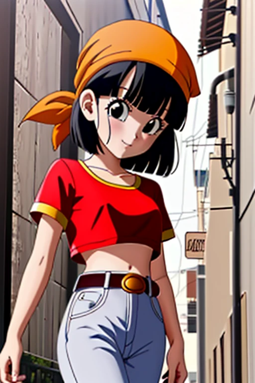 (outdoors, alley:1.3), (Style-DA:1), pan,1girl,solo,black eyes,bangs,black hair,short hair,bandana, (red shirt:1.2),crop top,midriff,belt,gray pants,