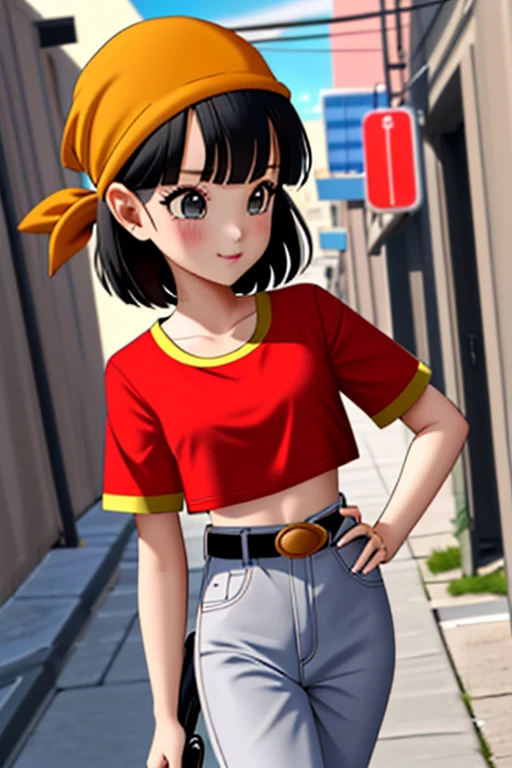 (outdoors, alley:1.3), (Style-DA:1), pan,1girl,solo,black eyes,bangs,black hair,short hair,bandana, (red shirt:1.2),crop top,midriff,belt,gray pants,