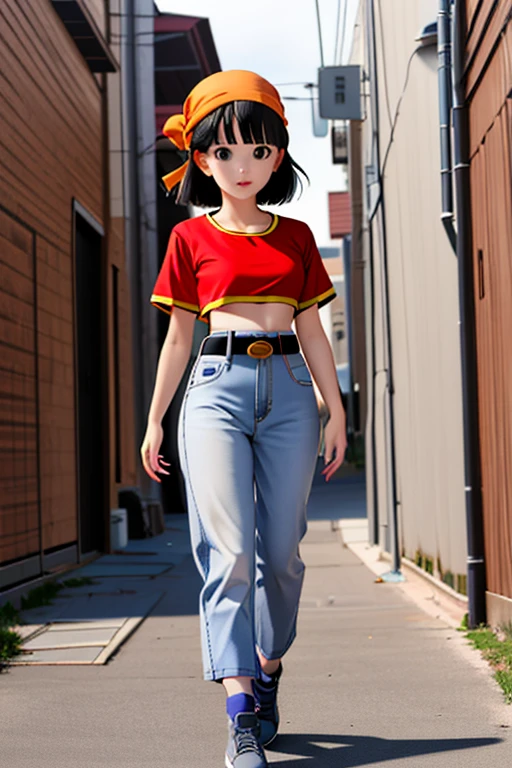 (outdoors, alley:1.3), (Style-DA:1), pan,1girl,solo,black eyes,bangs,black hair,short hair,bandana, (red shirt:1.2),crop top,midriff,belt,gray pants,