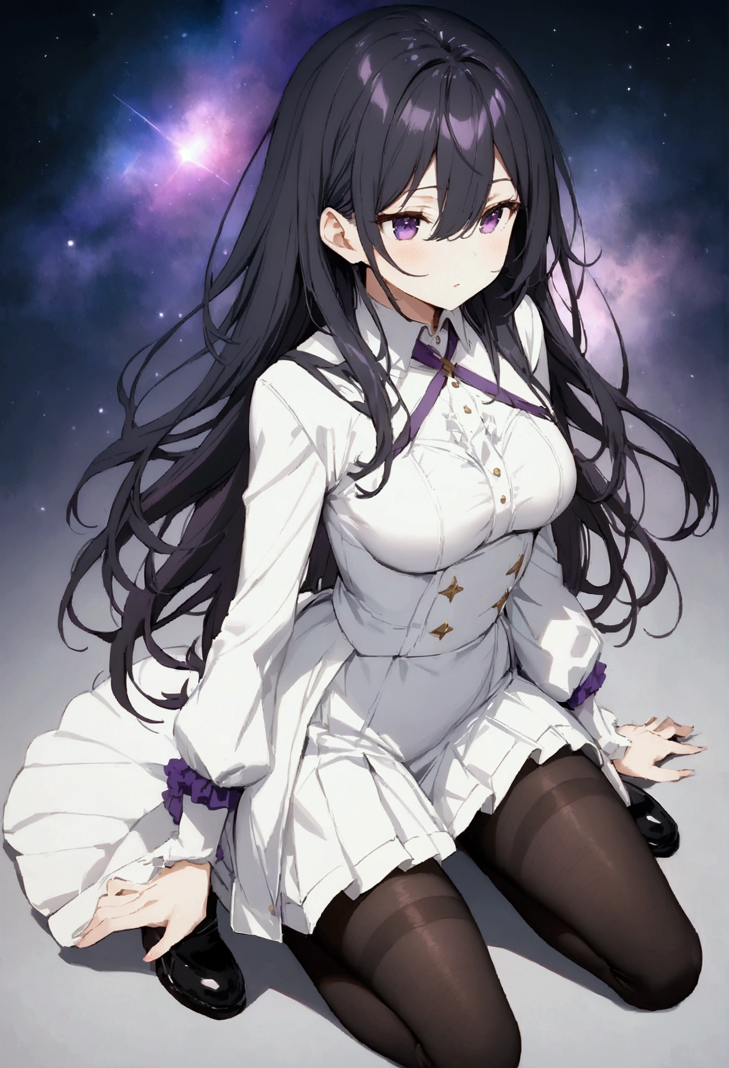 Best Quality　Masterpiece　Black Hair 　Long Hair　Shyness Rosider　Kimishima Ayano medium breasts purple eyes　Kneeling　pantyhose　nebula