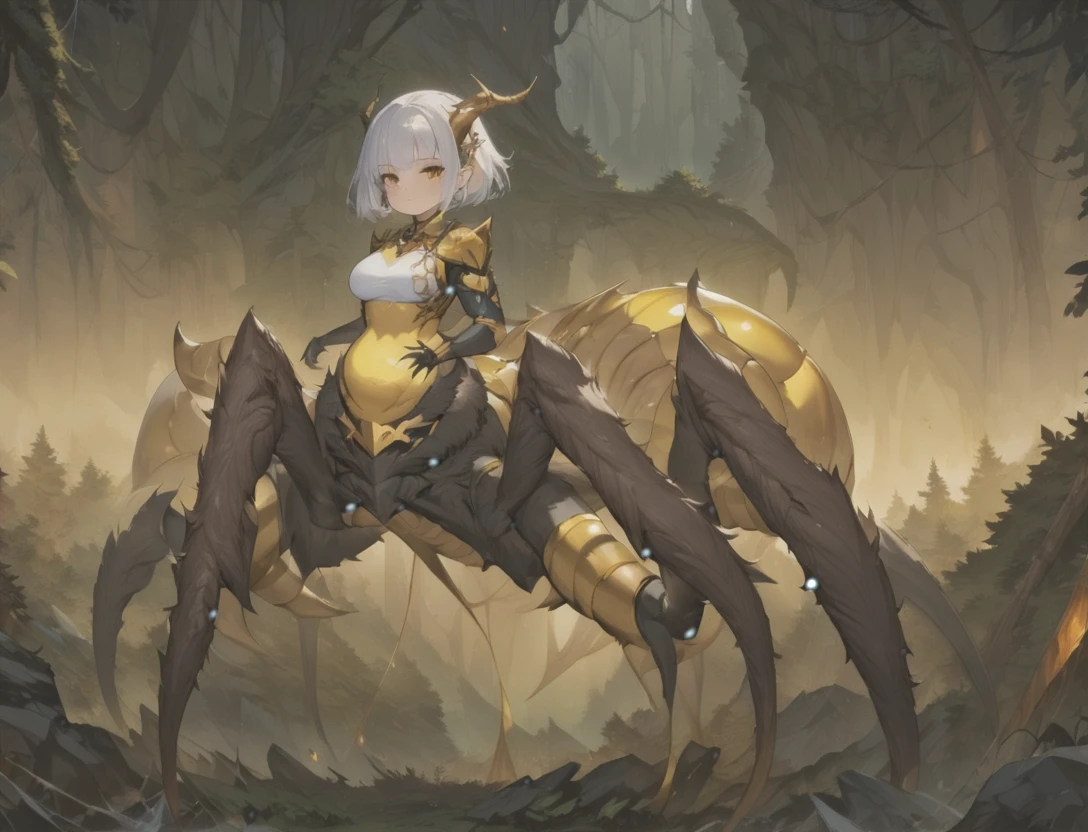 score_9, score_8_up, score_7_up, score_6_up, 1woman, arachnid, spider legs, arachtaur, forest

masterpiece,highly detailed,8k resolution,solo,ultra detailed perfect piece,masterpiece,extremely detailed CG 8k,very fine 8K CG,best quality,absurdres,zoomed out view,full body view, full length portrait, 8k, 4k, 2k, detailed, intricate, (female), ((solo)), ((detailed fur)),Perfect Anatomy

Background is a large empty cave for a cavern,spider webs drape around the cave a bit to cover it up

Character is a giant spider with the upper body of a human instead of a spider head, a Drider, this fantastic creature is half spider-half man, human head, arms and torso, half spider lower half of legs and throax, arachtaur, arachnid, aix spider legs, short white hair in a bob cut,golden yellow eyes,human-like body,hourglass body,D cups,fur ciebred spider abdomen,a plump spider thorax witu thick webbing,black spider body,white silk tube top

MFBP1,cute spider girl,anime style,chibi style