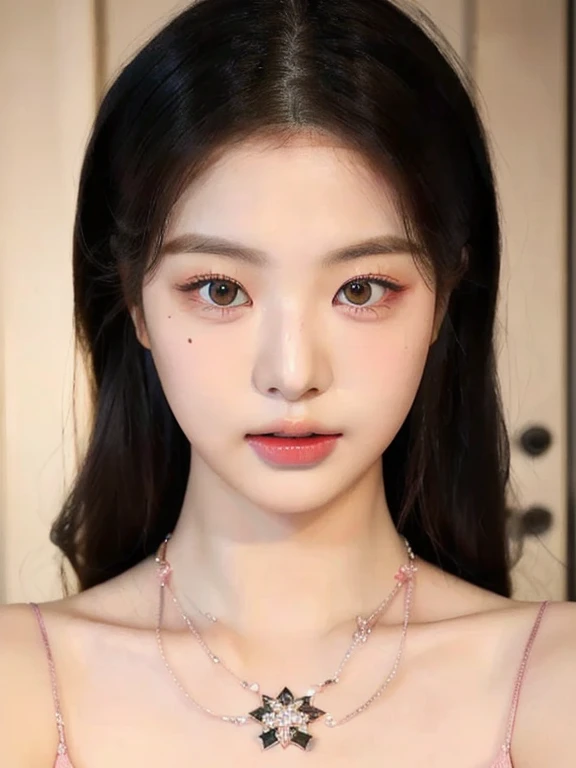 a close up of a woman wearing a necklace and a dress and pink eyes, popular south korean makeup, popular korean makeup, young adorable korean face, korean face features, wan adorable korean face, beautiful south korean woman, beautiful aesthetic face, south east asian with round face, korean girl, korean symmetrical face, pale round face, beautiful young korean woman, gorgeous young korean woman, 🤤 girl portrait, realistic aesthetic, small freckles, hyper realistic teenager, barbie doll, freckles!!!, detailed face, realistic face, realistic fingers, jisoo from blackpink , popular south korean makeup, quality detailed ,(beautiful makeup :1.2)