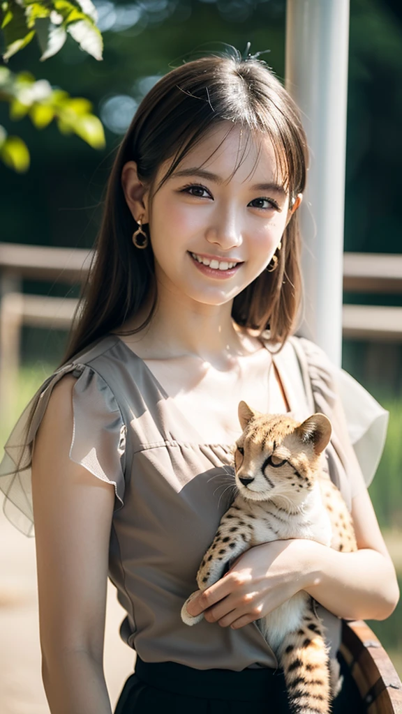 One Girl, ((Ruffled bolero blouse,Barrel Leg Cargo Pants)), (Beautiful Japanese Idol Portrait Photos), (Holding a baby cheetah at the zoo), (RAW Photos, Best Quality), (Realistic, photo-Realistic:1.4), masterpiece, 8K Portrait, Very delicate and beautiful, 非常にdetailed, 2k wallpaper, wonderful, detailed, 非常にdetailed CG unity 8k wallpaper, 非常にdetailed, High resolution, Soft Light, 美しいdetailedな***, 非常にdetailed eyes and face, Beautiful and sophisticated nose, Beautiful attention to detail, Cinema Lighting, Perfect Anatomy, Slender body, Small breasts, Medium Hair, (smile), Elegant pose, (Elegant and sophisticated atmosphere)