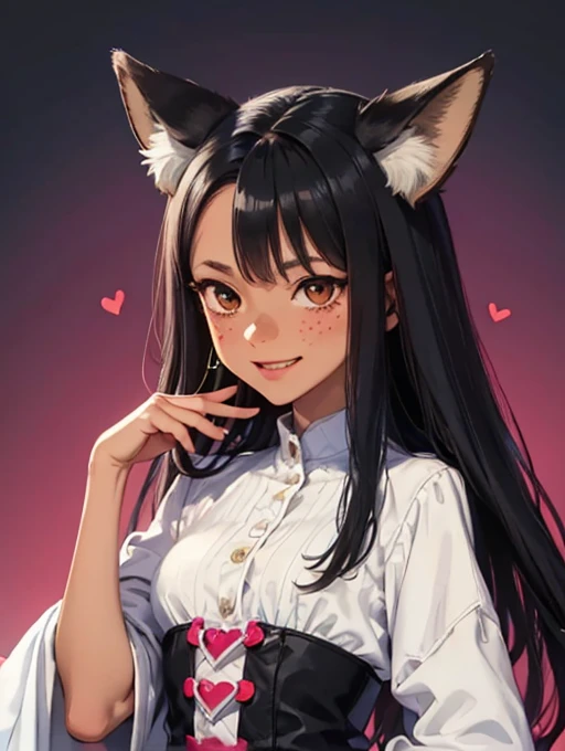 shot in the middle, Cel-shading style, Centered image, ultra detailed illustration,smiling fox girl, black hair with pink highlights, with fox ears, a small heart design on the left cheek, with freckles on the cheeks, bicolor eyes with brown on the outside and black on the inside, wearing a ****ta style outfit, vibrant colors, landscape background, Accessories for moon earrings, long curly hair, 32k resolution, best quality. Detailed and quality hands.