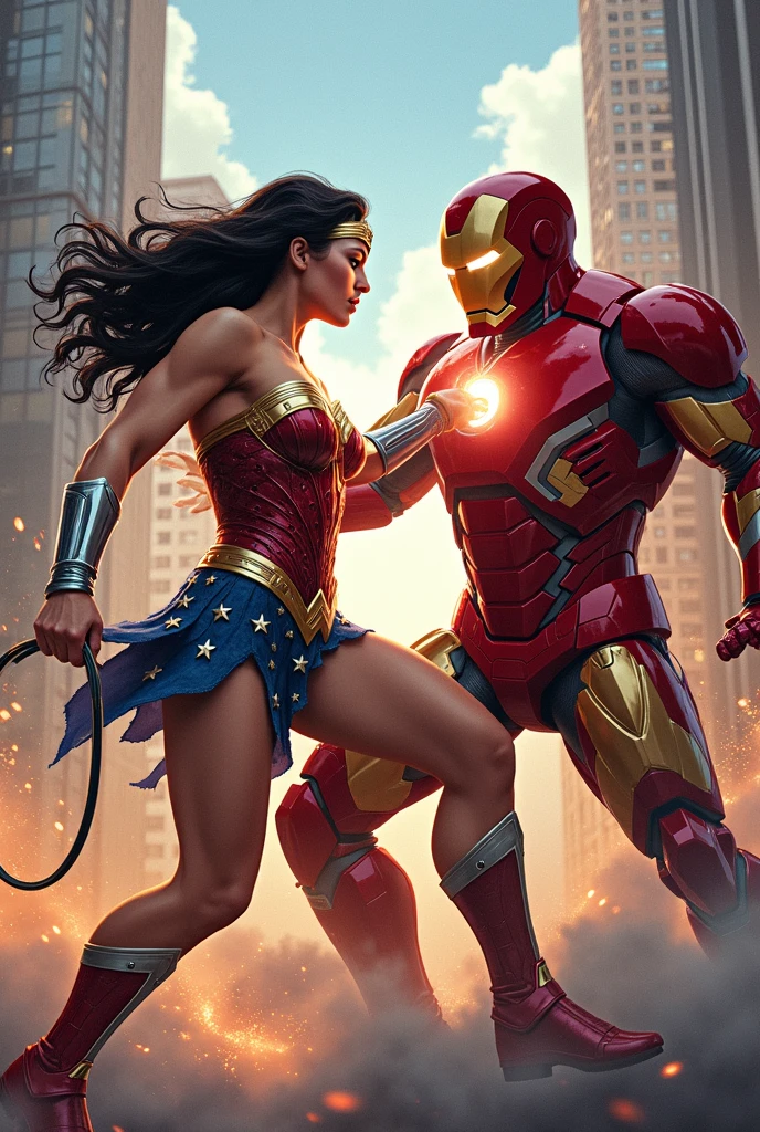 Evil Superman vs wonder women fighting in Metropolis