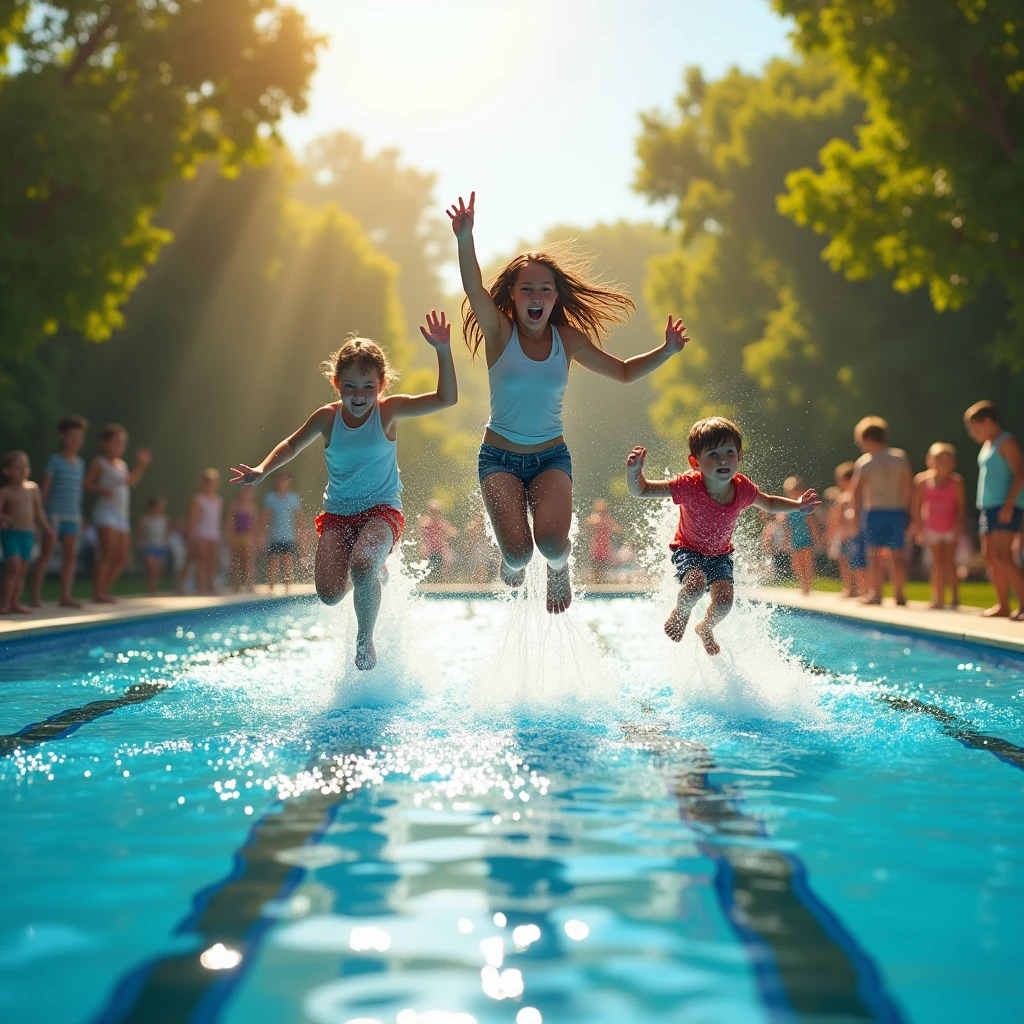 Children playing in a fountain in summer: A group of children run and jump through a fountain in a park, with laughter and drops of water captured in the air, reflecting the bright sun of a summer day.