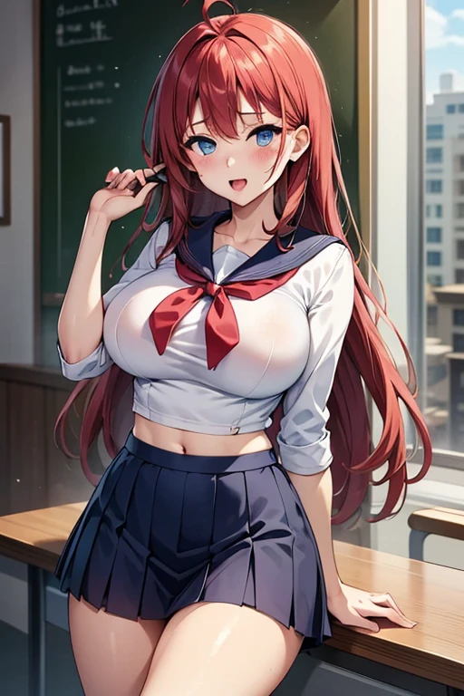 High resolution, masterpiece of the highest quality, High resolutionモデル, 超High resolution, Redhead, Very long hair, Ahoge、Large Breasts, blue eyes, Around town、Sailor suit、Micro Mini Skirt