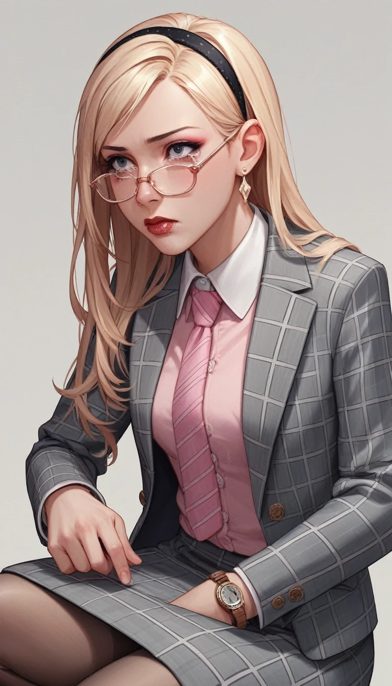 score_9, score_8_up, score_7_up, score_6_up, source_anime,  three-piece suit, 1girl, solo, blonde hair, long hair, swept back hair, hairband, glasses, formal, jewelry, grey plaid suit, pink silk necktie, earrings, jacket, shirt, watch, grey plaid jacket, wristwatch, (((light pink shirt with white collar))), red lips, grey plaid skirt, makeup, pantyhose, cufflinks, black lapel trim, view between legs, implied fellatio, deepthroat, oral testicles, saliva, squatting, clothed female nude female, sucking penis, tears, running mascara, three-piece suit, waistcoat